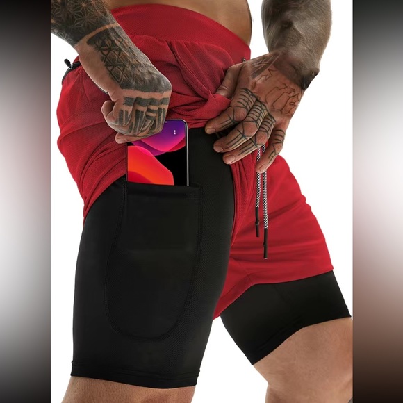 Royal blue double layer gym workout shorts with inner pocket - Picture 14 of 16